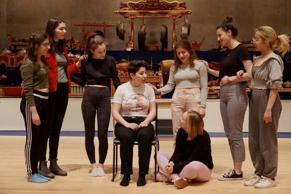 Students at a rehearsal for "Nine", back when people were allowed to touch each other.