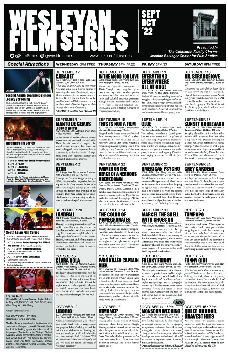 Wesleyan Film Series Sept-Oct 2022